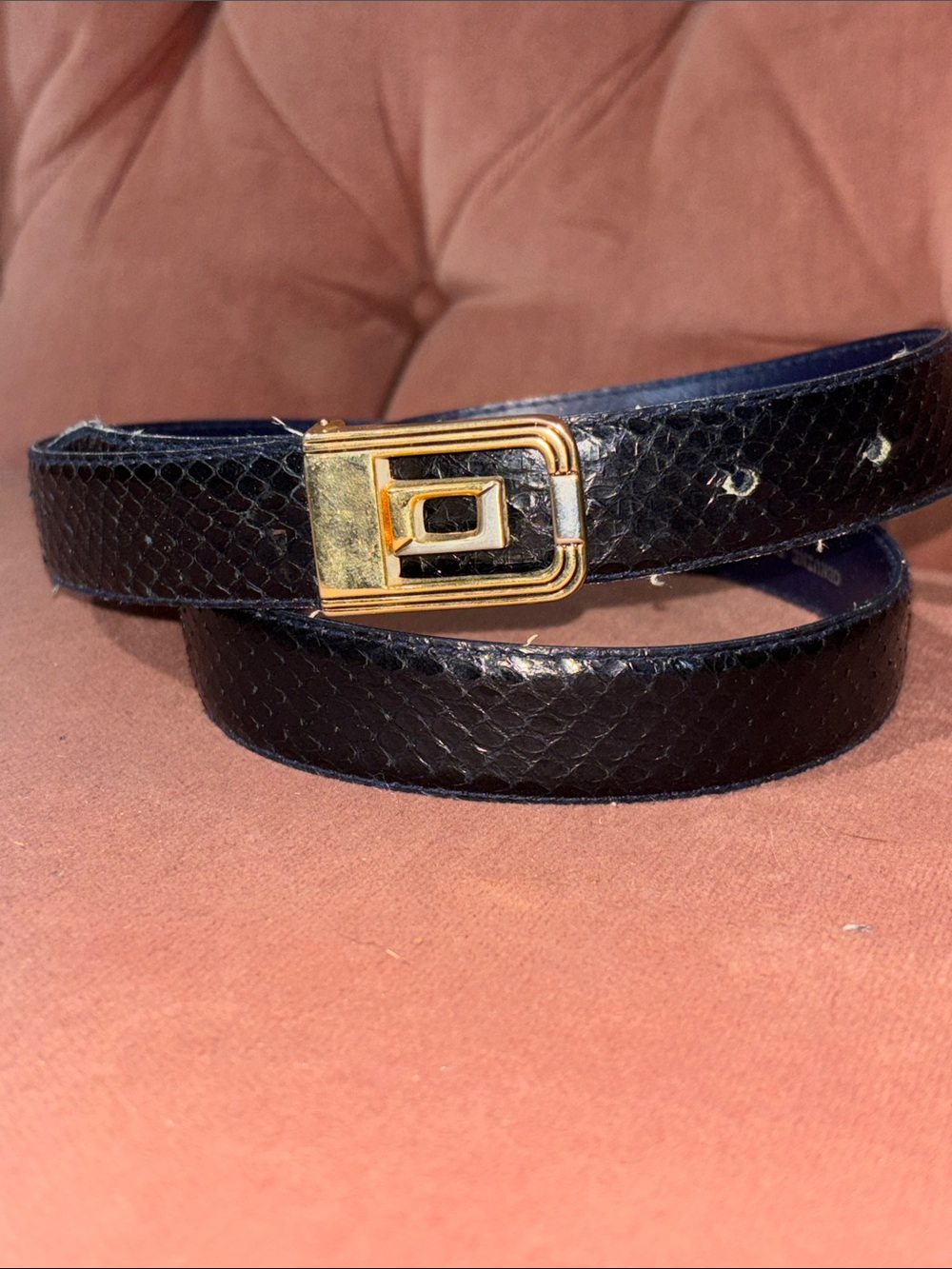 Vintage Navy blue Snakeskin Belt with Gold Buckle genuine snakeskin statement